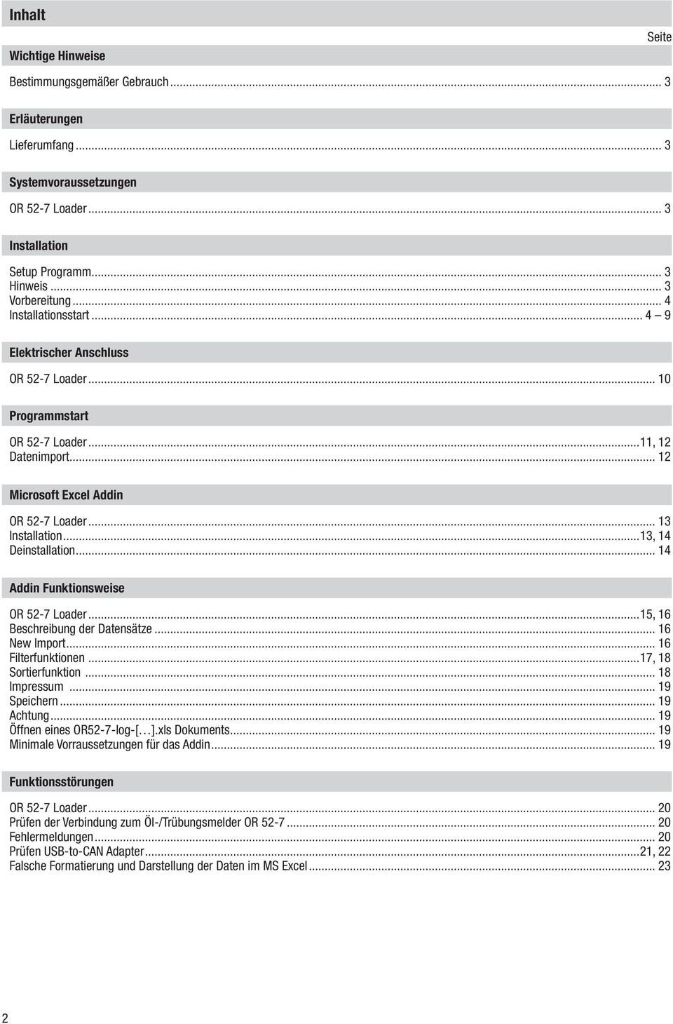 ..13, 14 Deinstallation... 14 Addin Funktionsweise OR 52-7 Loader...15, 16 Beschreibung der Datensätze... 16 New Import... 16 Filterfunktionen...17, 18 Sortierfunktion... 18 Impressum... 19 Speichern.
