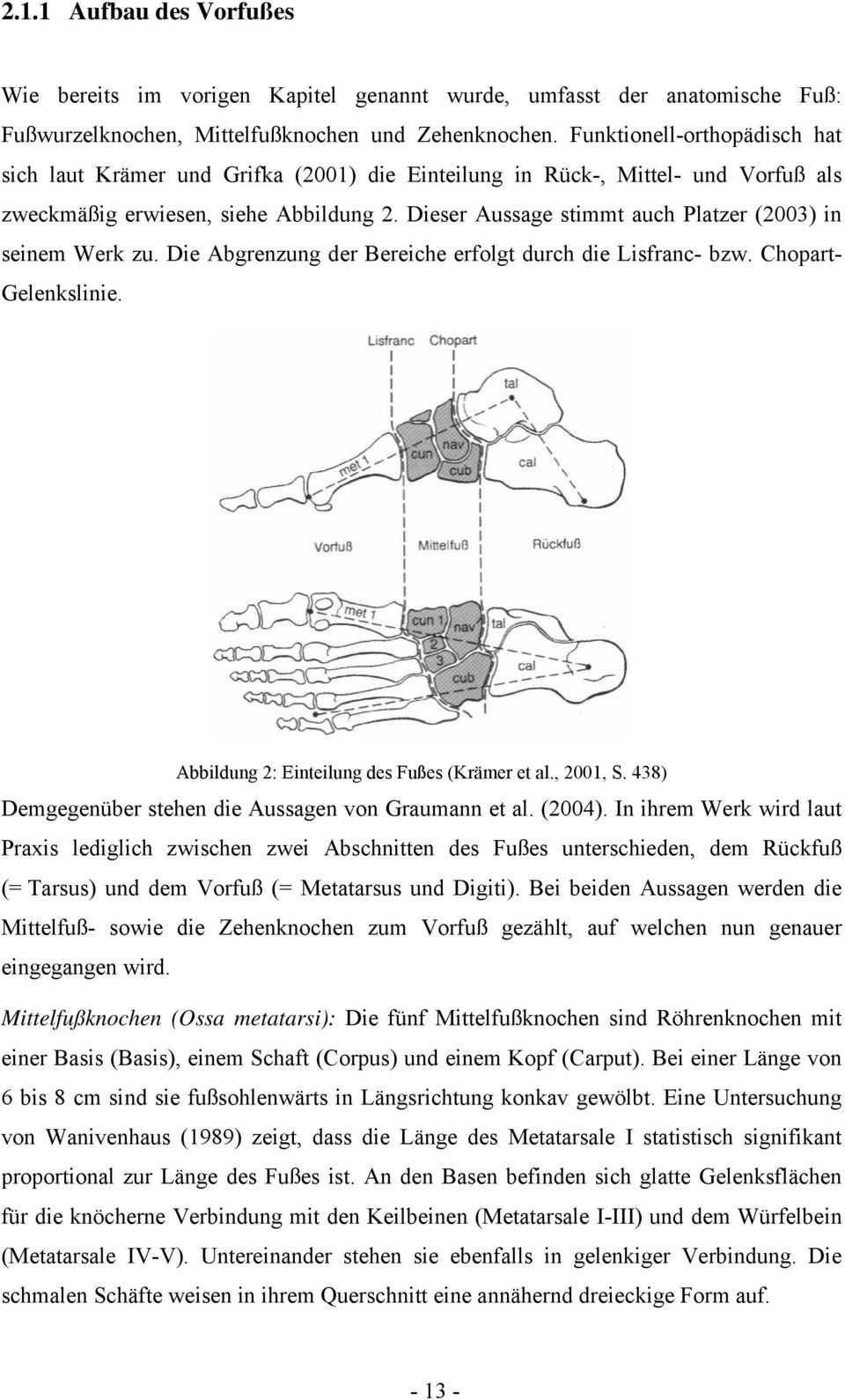 Dieser Aussage stimmt auch Platzer (2003) in seinem Werk zu. Die Abgrenzung der Bereiche erfolgt durch die Lisfranc- bzw. Chopart- Gelenkslinie. Abbildung 2: Einteilung des Fußes (Krämer et al.
