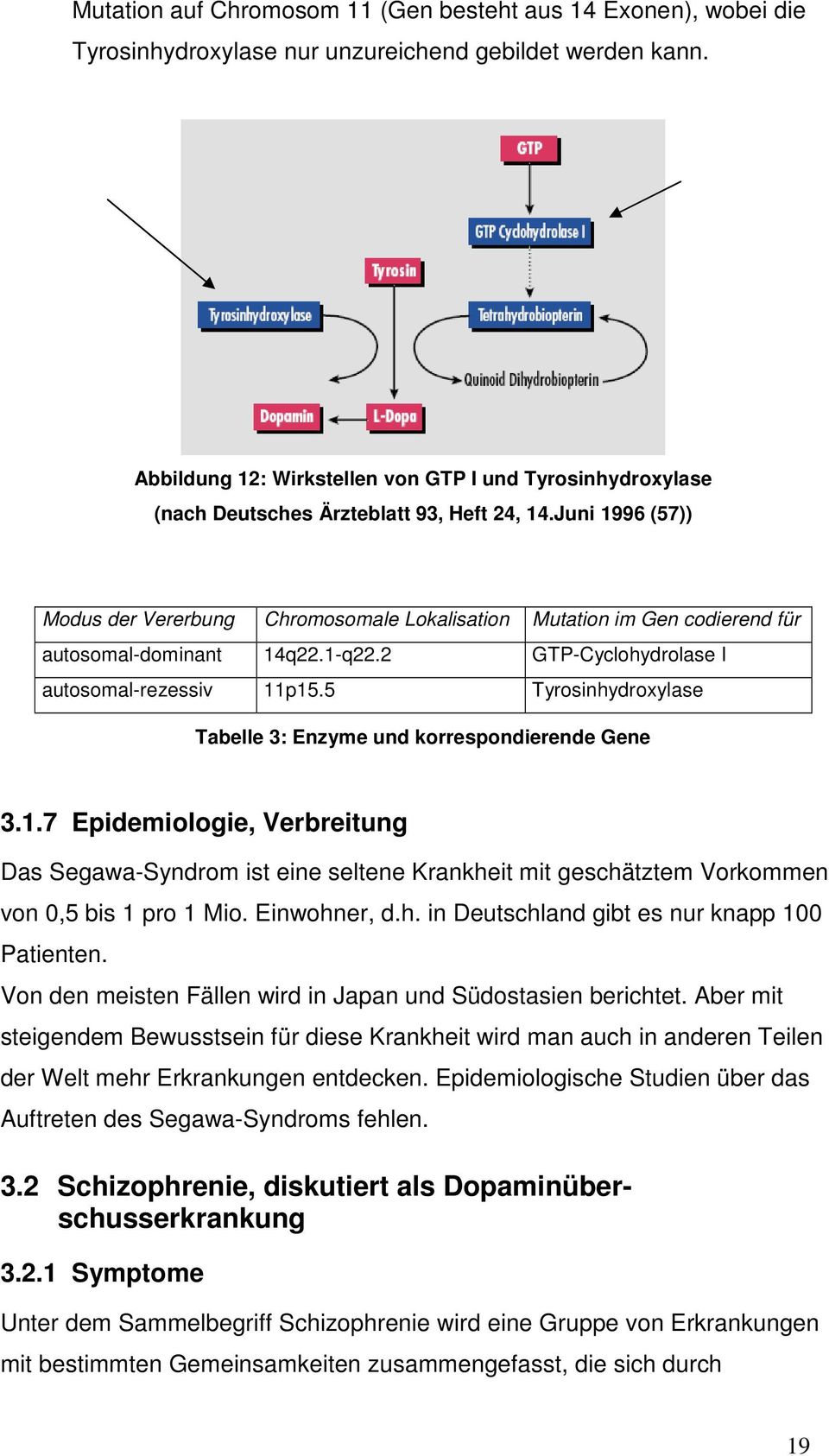 Juni 1996 (57)) Modus der Vererbung Chromosomale Lokalisation Mutation im Gen codierend für autosomal-dominant 14q22.1-q22.2 GTP-Cyclohydrolase I autosomal-rezessiv 11p15.