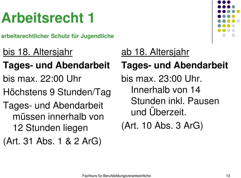 22:00 Uhr Höchstens 9 Stunden/Tag Tages- und Abendarbeit müssen innerhalb von 12 Stunden liegen (Art.