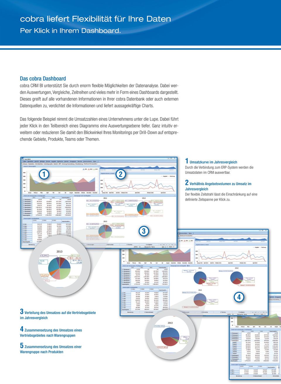 Dieses greift auf alle vorhandenen Informationen in Ihrer cobra Datenbank oder auch externen Datenquellen zu, verdichtet die Informationen und liefert aussagekräftige Charts.