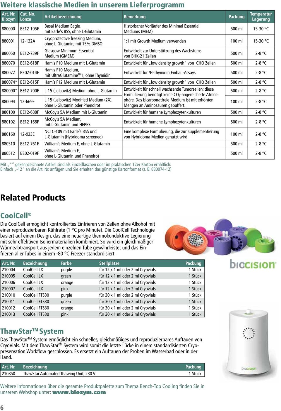 verwenden 100 ml 15-30 C Entwickelt zur Unterstützung des Wachstums von BHK-21 Zellen 880070 BE12-618F Ham s F10 Medium mit L-Glutamin Entwickelt für low density growth von CHO Zellen 880072