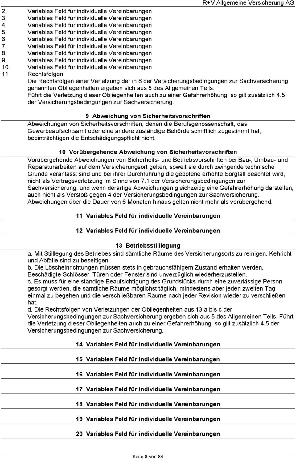 Variables Feld für individuelle Vereinbarungen 10.