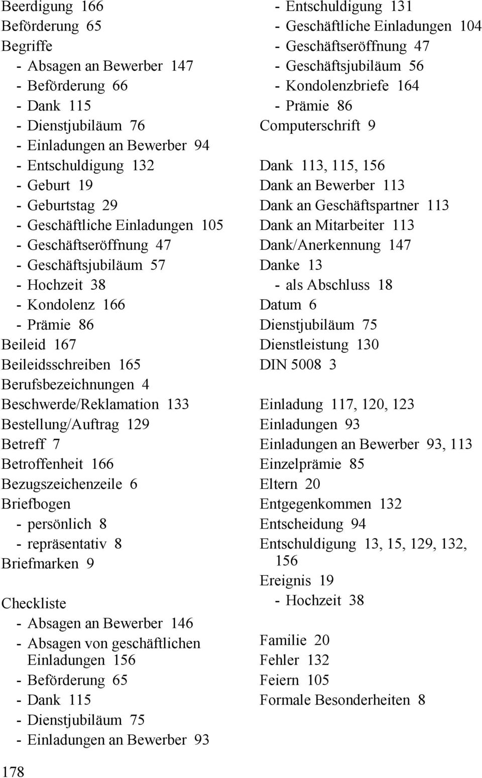 133 Bestellung/Auftrag 129 Betreff 7 Betroffenheit 166 Bezugszeichenzeile 6 Briefbogen - persönlich 8 - repräsentativ 8 Briefmarken 9 Checkliste - Absagen an Bewerber 146 Einladungen 156 -