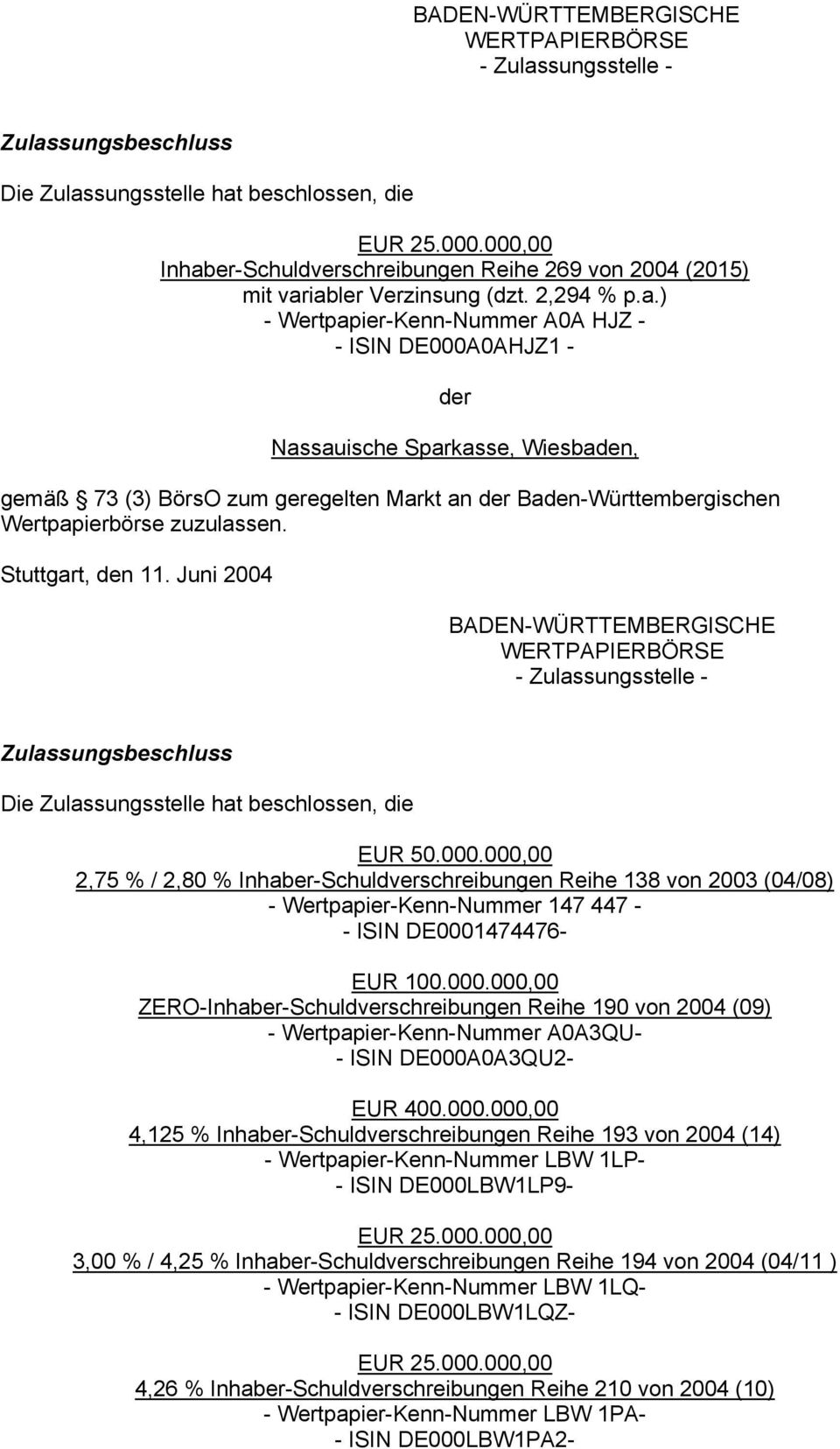 Stuttgart, den 11. Juni 2004 BADEN-WÜRTTEMBERGISCHE WERTPAPIERBÖRSE - Zulassungsstelle - Zulassungsbeschluss Die Zulassungsstelle hat beschlossen, die EUR 50.000.