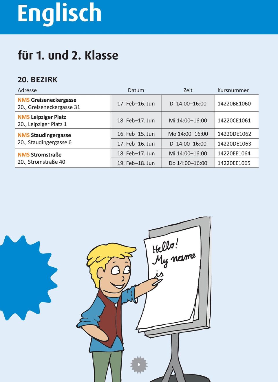 , Staudingergasse 6 NMS Stromstraße 20., Stromstraße 40 17. Feb 16. Jun Di 14:00 16:00 14220BE1060 18. Feb 17.