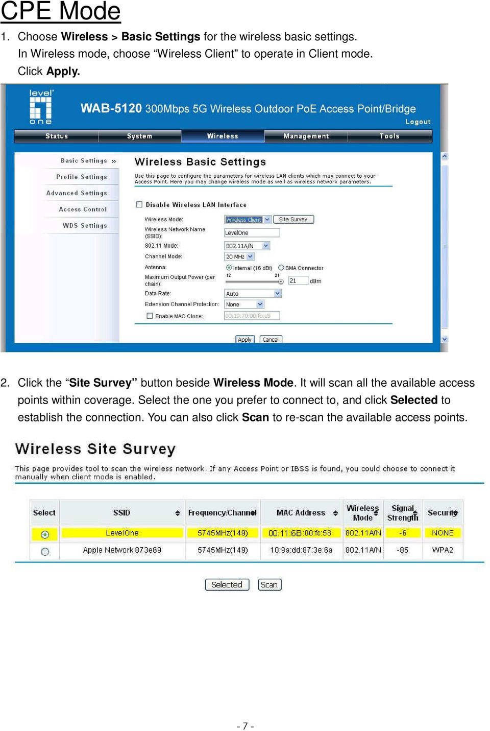 Click the Site Survey button beside Wireless Mode.