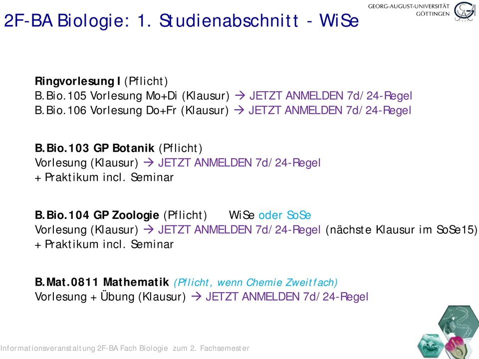 Seminar B.Mat.0811 Mathematik (Pflicht, wenn Chemie Zweitfach) Vorlesung + Übung (Klausur) JETZT ANMELDEN 7d/24-Regel