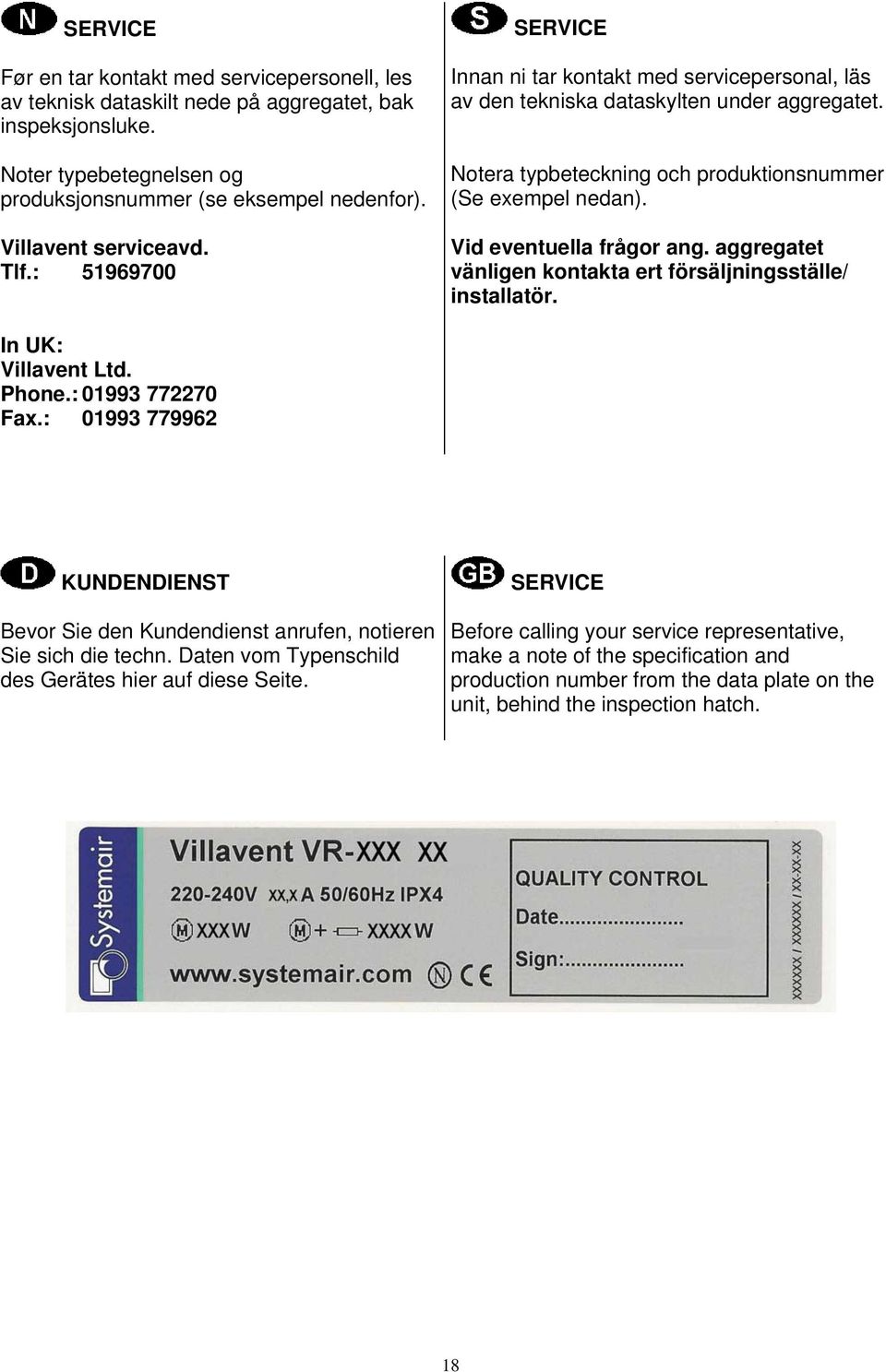 Vid eventuella frågor ang. aggregatet vänligen kontakta ert försäljningsställe/ installatör. In UK: Villavent Ltd. Phone.: 01993 772270 Fax.