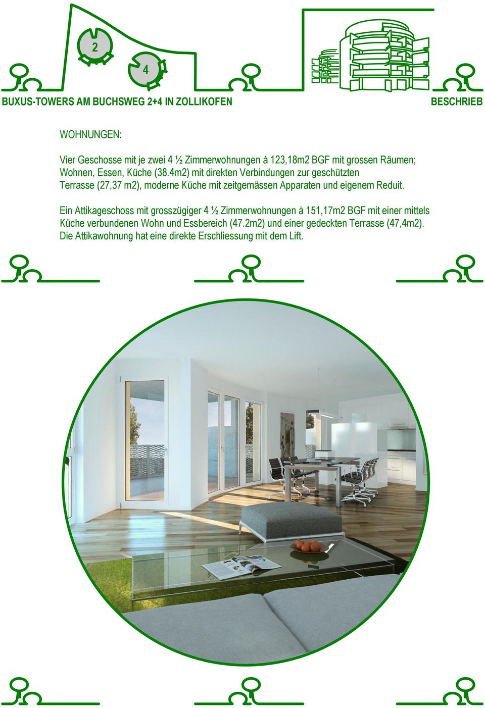 m2) mit direkten Verbindungen zur geschützten Terrasse (27,37 m2), moderne Küche mit zeitgemässen Apparaten und eigenem Reduit.