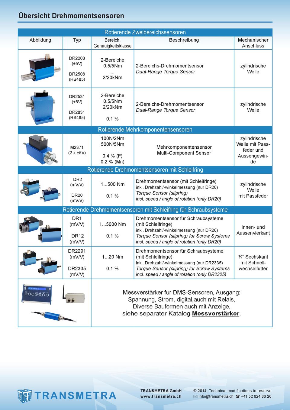 1 % 2-Bereichs-Drehmomentsensor Dual-Range Torque Sensor zylindrische Welle Rotierende Mehrkomponentensensoren M2371 (2 x ±5V) 100N/2Nm 500N/5Nm 0.4 % (F) 0.