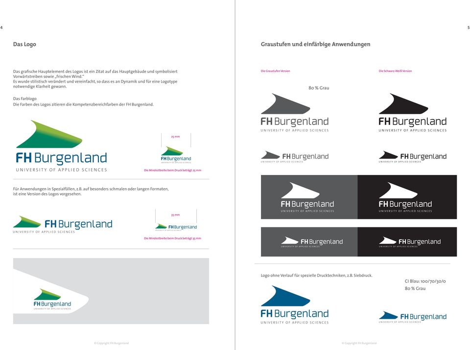 Die Graustufen Version 80 % Grau Die Schwarz-Weiß Version Das Farblogo Die Farben des Logos zitieren die Kompetenzbereichfarben der FH Burgenland.
