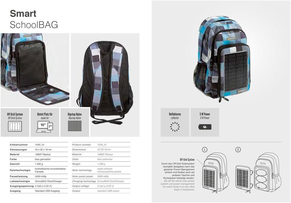 Ausgang Standard USB Ausgang Color Weight Solar technology Solar panel power blue patterned highly efficient monocrystalline panels 5000 mwp Charging technology SunnyBAG DirectCharger Output voltage