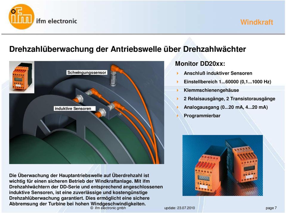 ..20 ma) Programmierbar Die Überwachung der Hauptantriebswelle auf Überdrehzahl ist wichtig für einen sicheren Betrieb der Windkraftanlage.