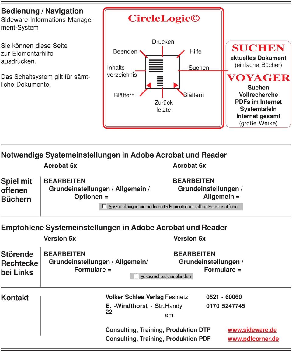 (große Werke) Notwendige Systemeinstellungen in Adobe Acrobat und Reader Acrobat 5x Acrobat 6x Spiel mit offenen Büchern Grundeinstellungen / Allgemein / Optionen = Grundeinstellungen / Allgemein =