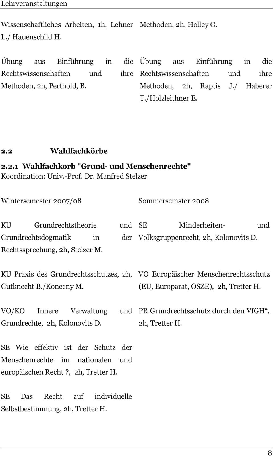 Dr. Manfred Stelzer Wintersemester 2007/08 Sommersemster 2008 KU Grundrechtstheorie und Grundrechtsdogmatik in der Rechtssprechung, 2h, Stelzer M.