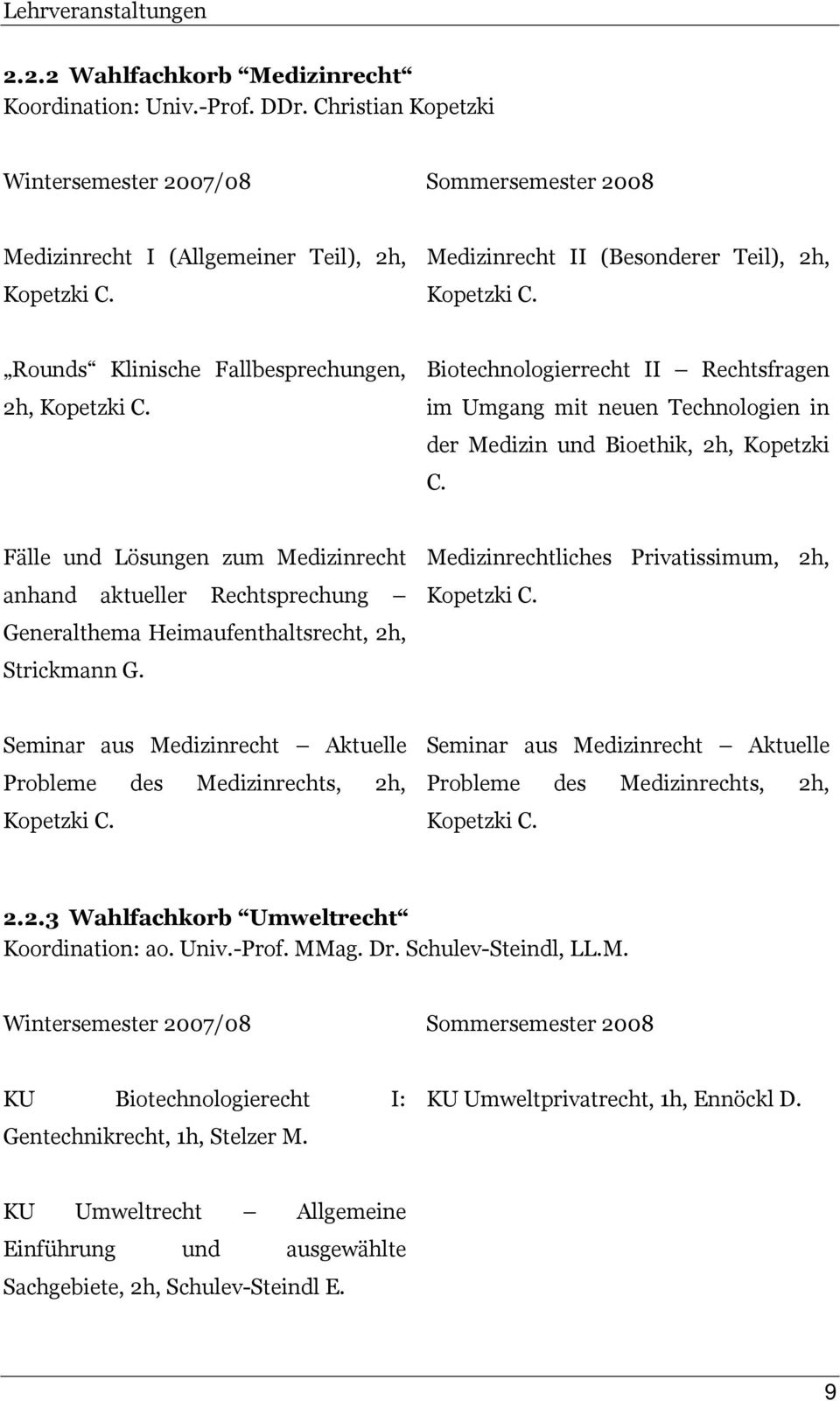 Biotechnologierrecht II Rechtsfragen im Umgang mit neuen Technologien in der Medizin und Bioethik, 2h, Kopetzki C.