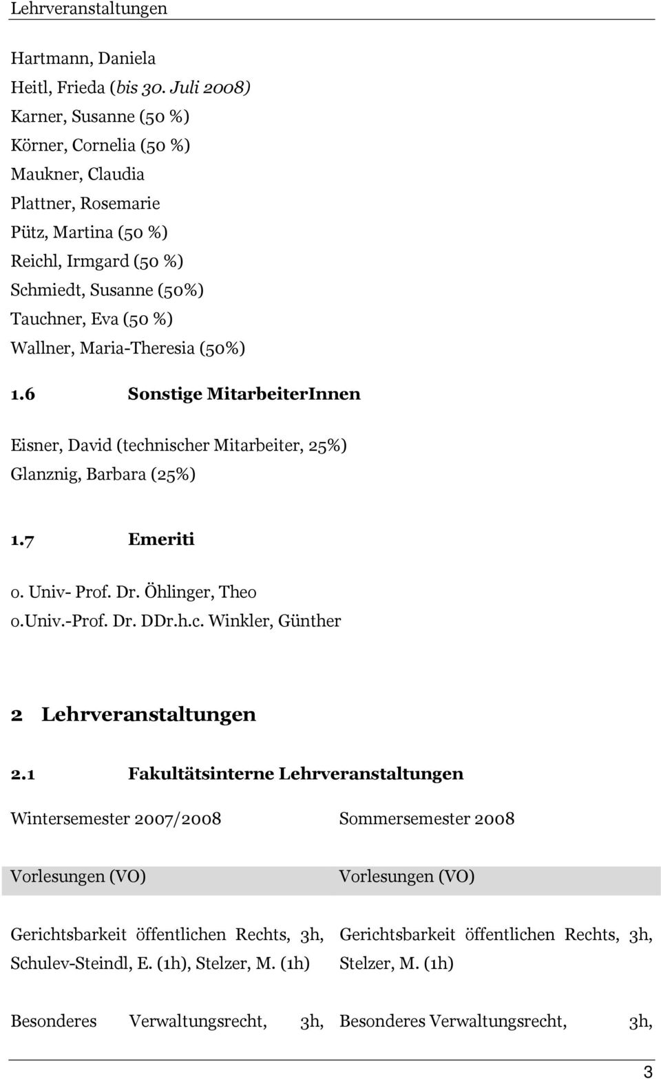 Maria-Theresia (50%) 1.6 Sonstige MitarbeiterInnen Eisner, David (technischer Mitarbeiter, 25%) Glanznig, Barbara (25%) 1.7 Emeriti o. Univ- Prof. Dr. Öhlinger, Theo o.univ.-prof. Dr. DDr.h.c. Winkler, Günther 2 Lehrveranstaltungen 2.
