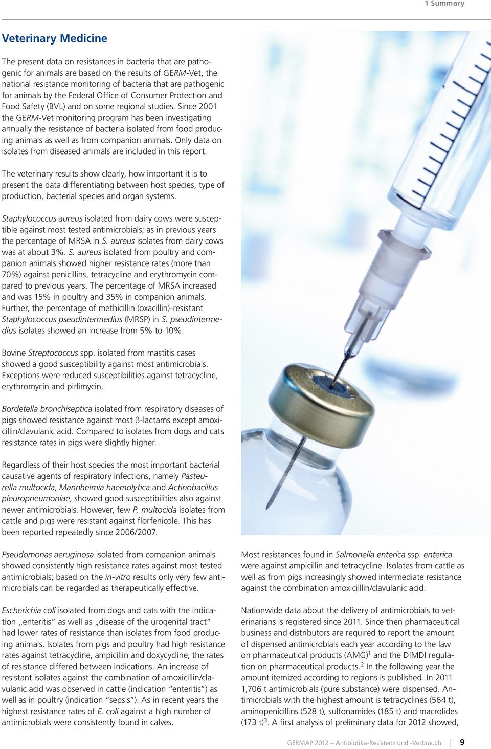 Since 21 the GERM-Vet monitoring program has been investigating annually the resistance of bacteria isolated from food producing animals as well as from companion animals.