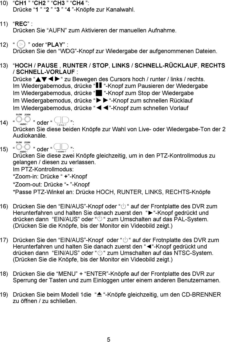 13) HOCH / PAUSE, RUNTER / STOP, LINKS / SCHNELL-RÜCKLAUF, RECHTS / SCHNELL-VORLAUF : Drücke zu Bewegen des Cursors hoch / runter / links / rechts.