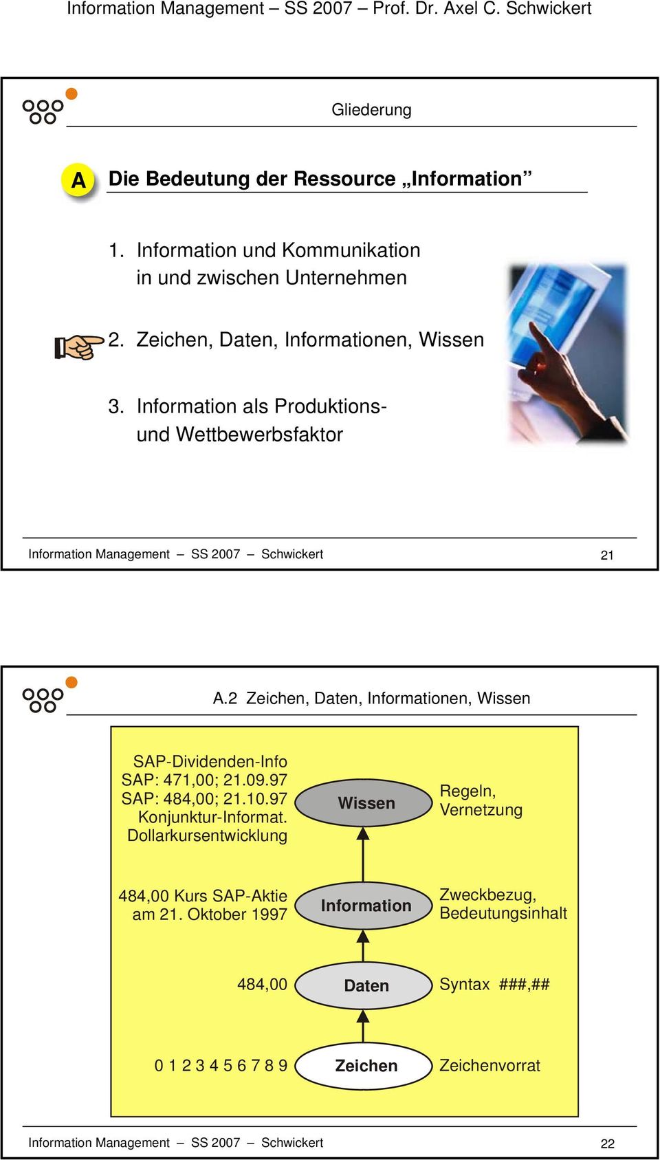 2 Zeichen, Daten, Informationen, Wissen SAP-Dividenden-Info SAP: 471,00; 21.09.97 SAP: 484,00; 21.10.97 Konjunktur-Informat.