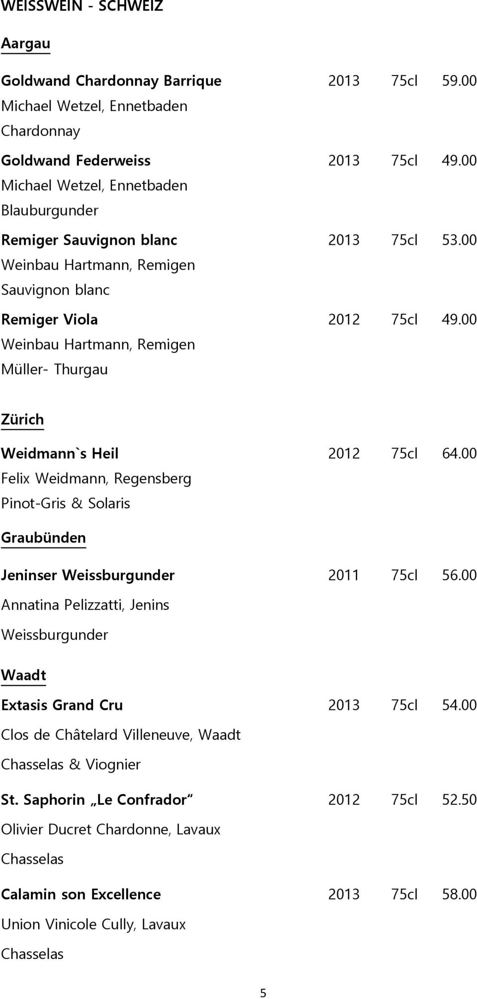 00 Weinbau Hartmann, Remigen Müller- Thurgau Zürich Weidmann`s Heil 2012 75cl 64.00 Felix Weidmann, Regensberg Pinot-Gris & Solaris Graubünden Jeninser Weissburgunder 2011 75cl 56.