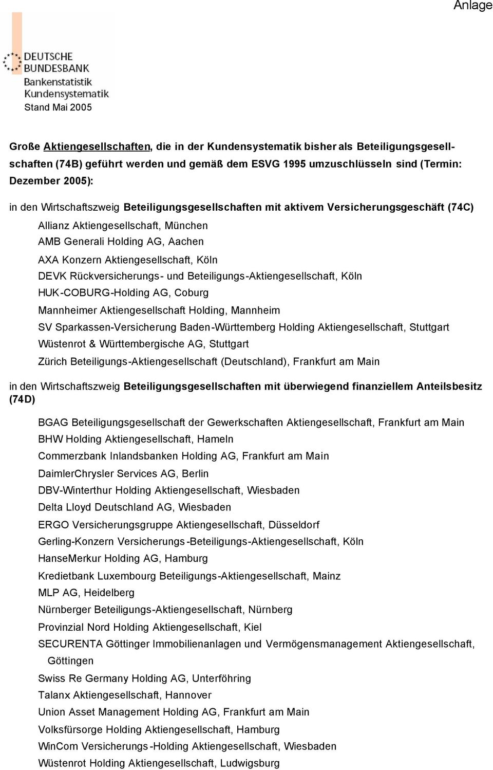 Köln DEVK Rückversicherungs- und Beteiligungs-Aktiengesellschaft, Köln HUK-COBURG-Holding AG, Coburg Mannheimer Aktiengesellschaft Holding, Mannheim SV Sparkassen-Versicherung Baden-Württemberg