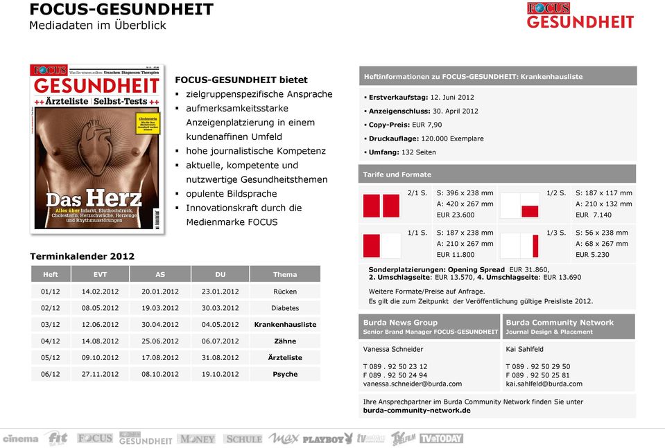 FOCUS Erstverkaufstag: 12. Juni 2012 Anzeigenschluss: 30. April 2012 Copy-Preis: EUR 7,90 Druckauflage: 120.000 Exemplare Umfang: 132 Seiten Tarife und Formate 2/1 S.