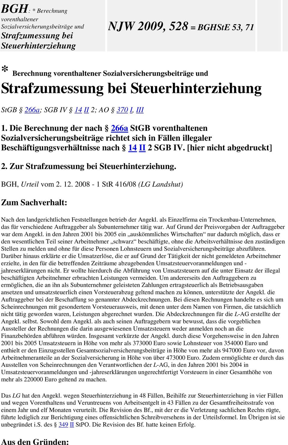 [hier nicht abgedruckt] 2. Zur. BGH, Urteil vom 2. 12. 2008-1 StR 416/08 (LG Landshut) Zum Sachverhalt: Nach den landgerichtlichen Feststellungen betrieb der Angekl.