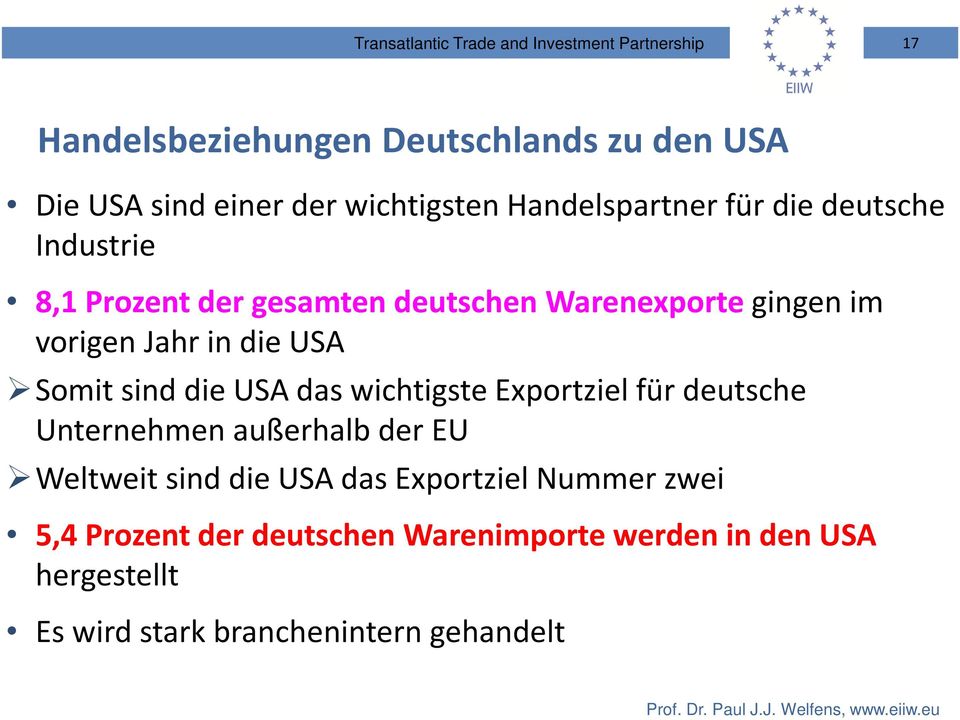 Jahr in die USA Somit sind die USA das wichtigste Exportziel für deutsche Unternehmen außerhalb der EU Weltweit sind die