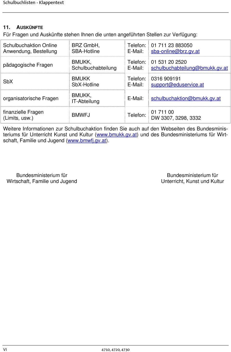 sba-online@brz.gv.at pädagogische Fragen BMUKK, Schulbuchabteilung Telefon: E-Mail: 0 5 0 50 schulbuchabteilung@bmukk.gv.at SbX BMUKK SbX-Hotline Telefon: E-Mail: 06 9099 support@eduservice.