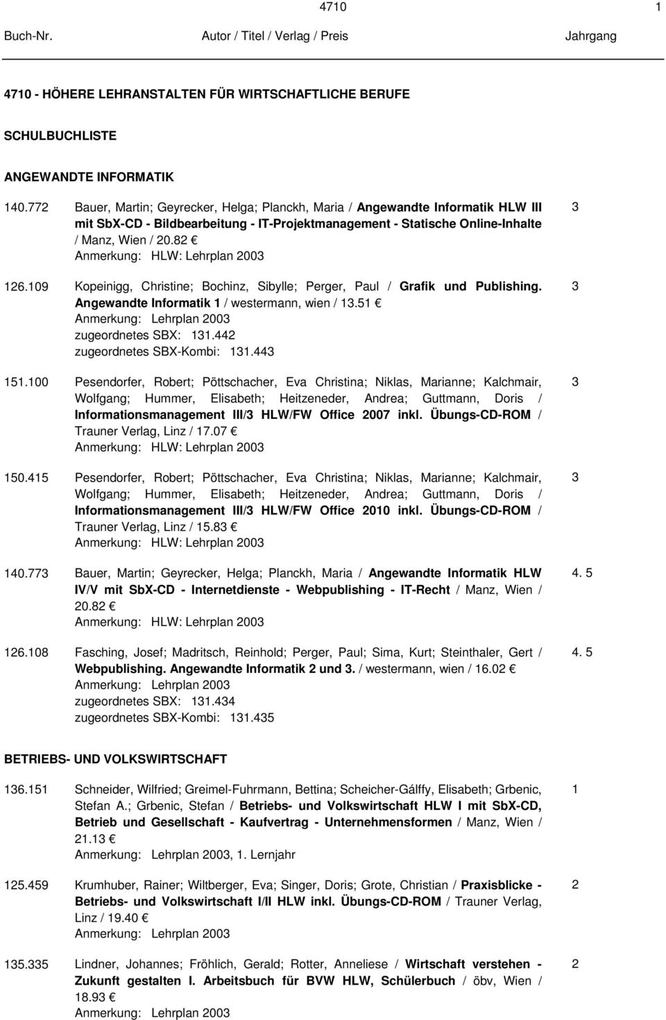 8 Anmerkung: HLW: Lehrplan 00 6.09 Kopeinigg, Christine; Bochinz, Sibylle; Perger, Paul / Grafik und Publishing. Angewandte Informatik / westermann, wien /.5 Anmerkung: Lehrplan 00 zugeordnetes SBX:.