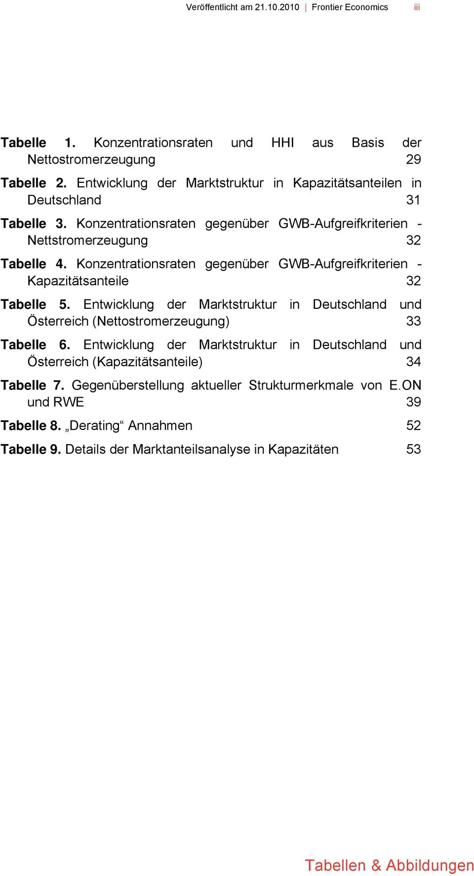 Konzentrationsraten gegenüber GWB-Aufgreifkriterien - Kapazitätsanteile 32 Tabelle 5. Entwicklung der Marktstruktur in Deutschland und Österreich (Nettostromerzeugung) 33 Tabelle 6.