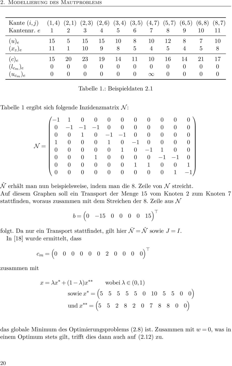 1 Tabelle 1 ergibt sich folgende Inzidenzmatrix N : 1 1 1 1 1 1 1 1 N = 1 1 1 1 1 1 1 1 1 1 1 1 1 1 ˆN erhält man nun beispielsweise, indem man die 8. Zeile von N streicht.