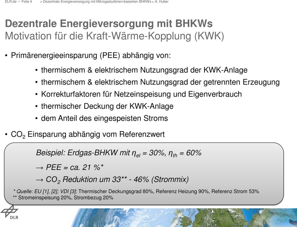 der KWK-Anlage dem Anteil des eingespeisten Stroms CO 2 Einsparung abhängig vom Referenzwert Beispiel: Erdgas-BHKW mit η el = 30%, η th = 60% PEE = ca.
