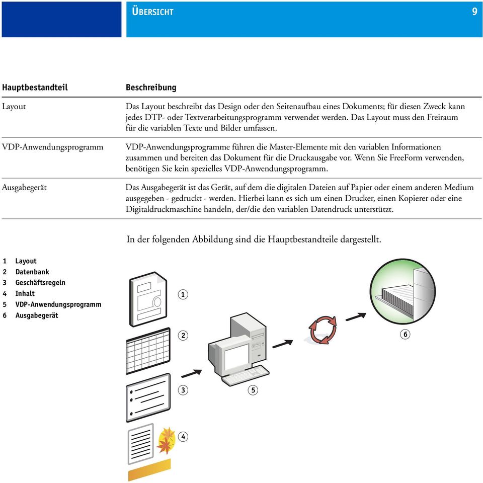 VDP-Anwendungsprogramme führen die Master-Elemente mit den variablen Informationen zusammen und bereiten das Dokument für die Druckausgabe vor.