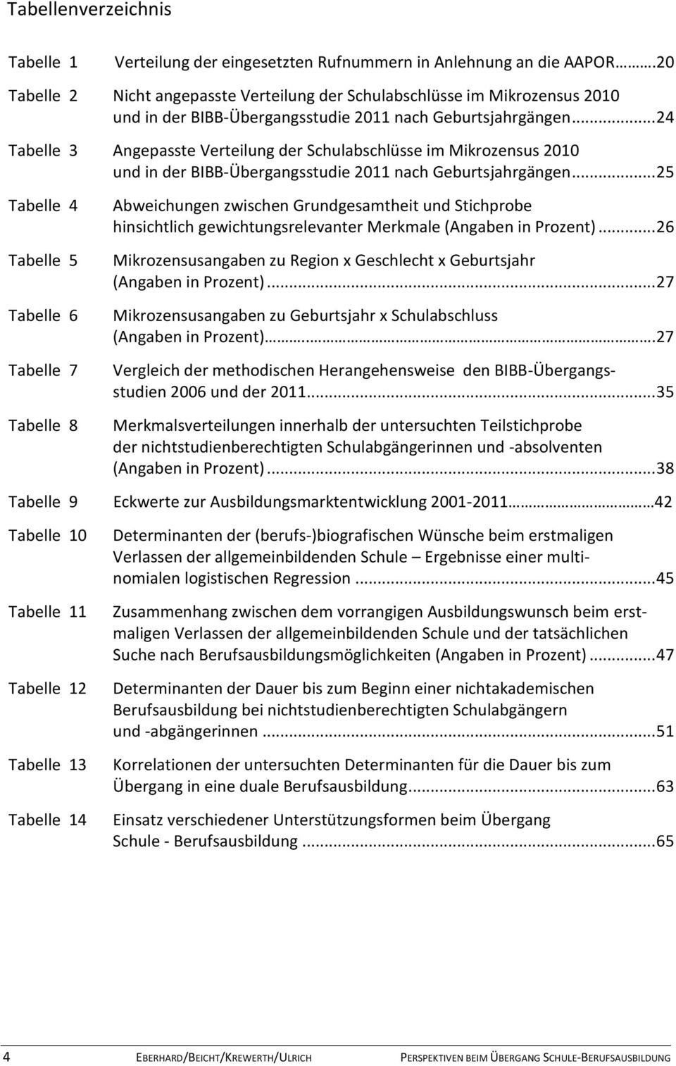 .. 24 Tabelle 3 Angepasste Verteilung der Schulabschlüsse im Mikrozensus 2010 und in der BIBB-Übergangsstudie 2011 nach Geburtsjahrgängen.
