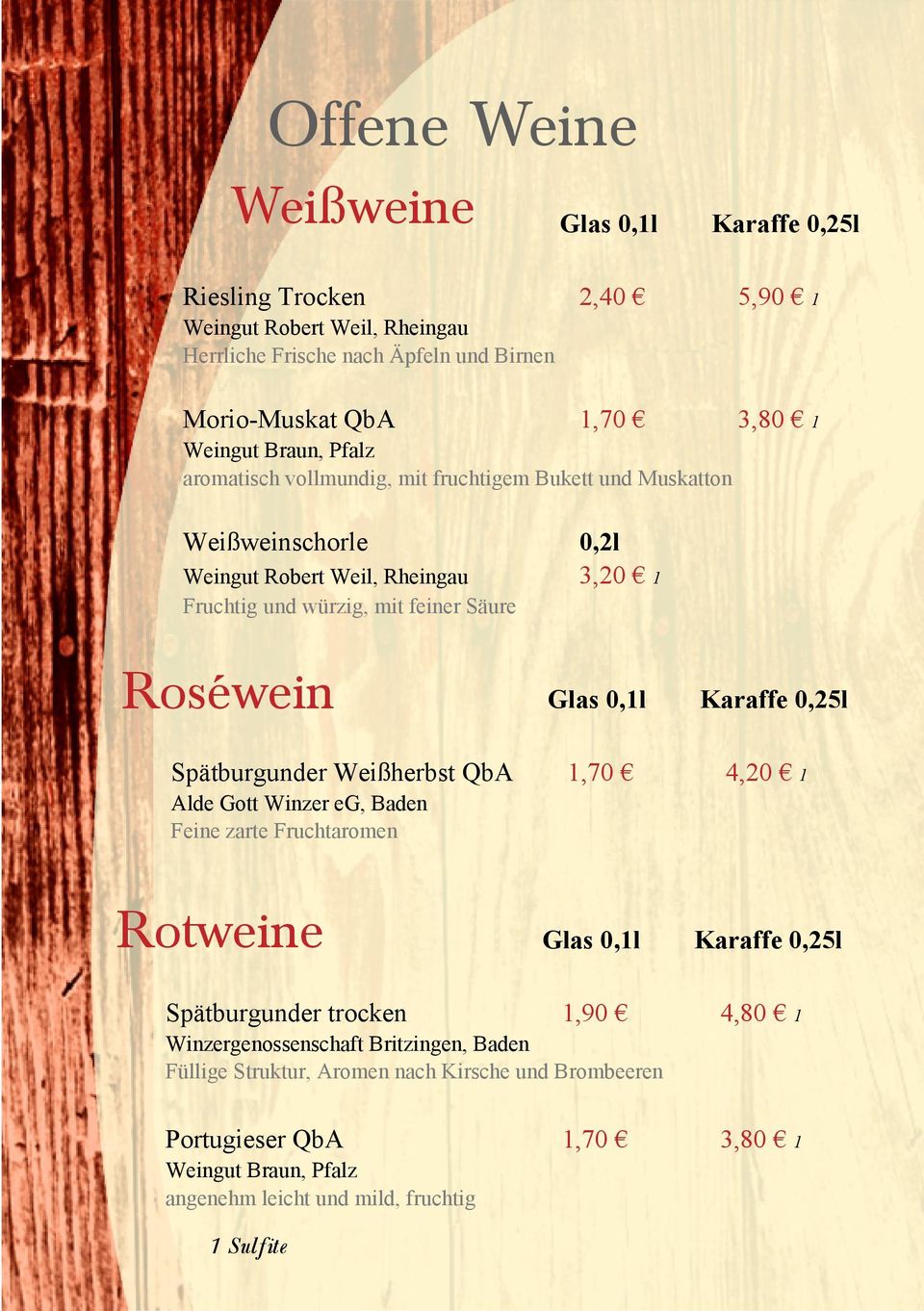 Spätburgunder Weißherbst QbA 0,2l 3,20 1 0,1l Karaffe 0,25l 4,20 1 Alde Gott Winzer eg, Baden Feine zarte Fruchtaromen Rotweine Spätburgunder trocken 0,1l Karaffe 0,25l 1,90