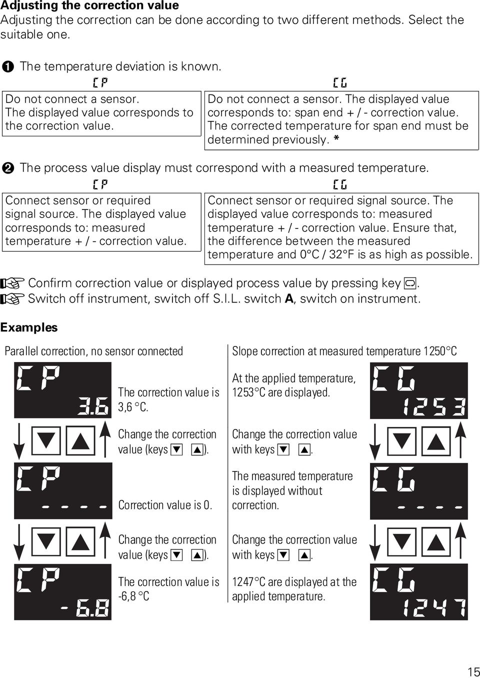 The corrected temperature for span end must be determined previously. * 2 The process value display must correspond with a measured temperature.