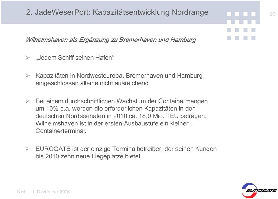 Containermengen um 10% p.a. werden die erforderlichen Kapazitäten in den deutschen Nordseehäfen in 2010 ca. 18,0 Mio. TEU betragen.