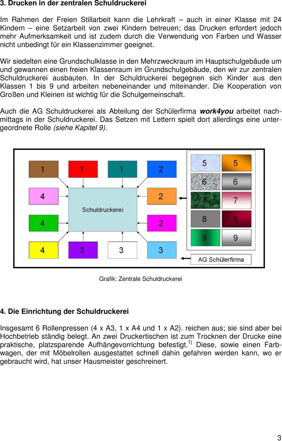 Wir siedelten eine Grundschulklasse in den Mehrzweckraum im Hauptschulgebäude um und gewannen einen freien Klassenraum im Grundschulgebäude, den wir zur zentralen Schuldruckerei ausbauten.