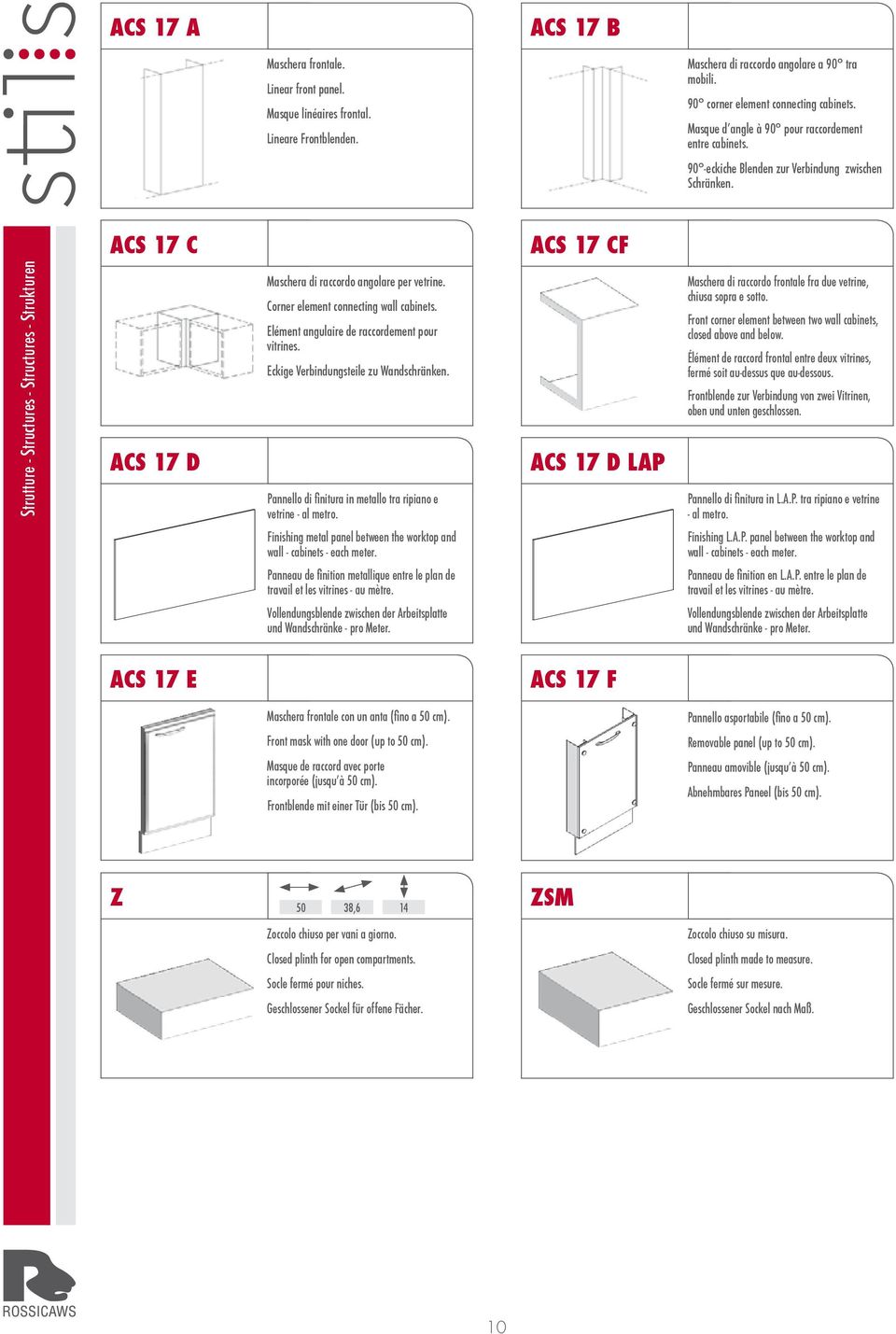 ACS 17 C ACS 17 CF Strutture - Structures - Structures - Strukturen ACS 17 D Maschera di raccordo angolare per vetrine. Corner element connecting wall cabinets.