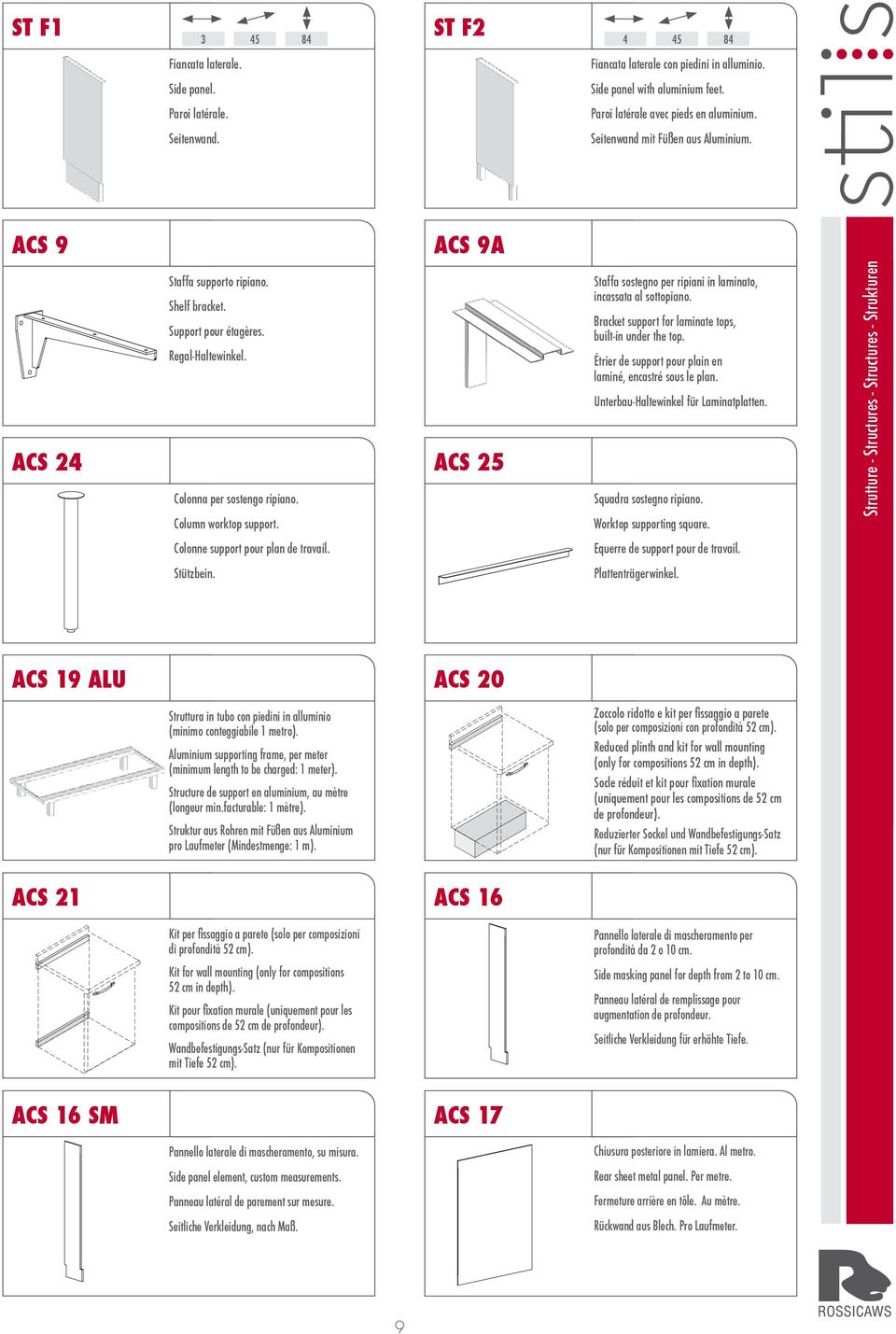 Column worktop support. ACS 25 Staffa sostegno per ripiani in laminato, incassata al sottopiano. Bracket support for laminate tops, built-in under the top.