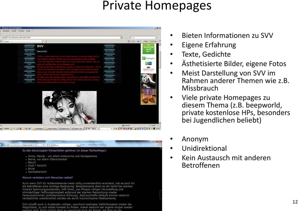 b. Missbrauch Viele private Homepages zu diesem Thema (z.b. beepworld, private kostenlose