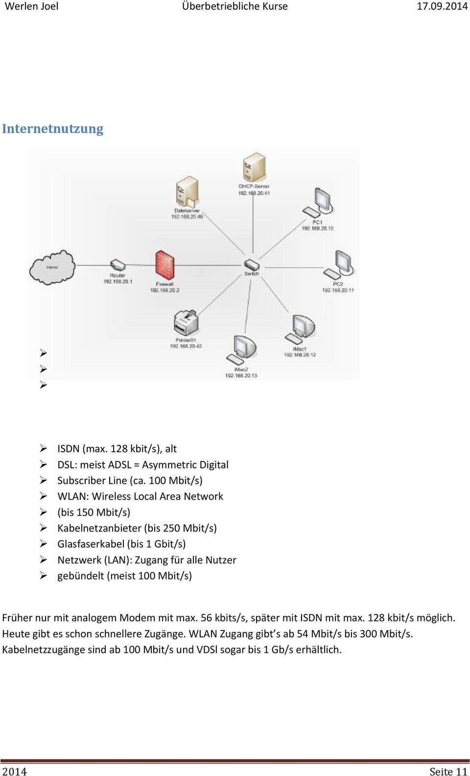 (LAN): Zugang für alle Nutzer gebündelt (meist 100 Mbit/s) Früher nur mit analogem Modem mit max. 56 kbits/s, später mit ISDN mit max.