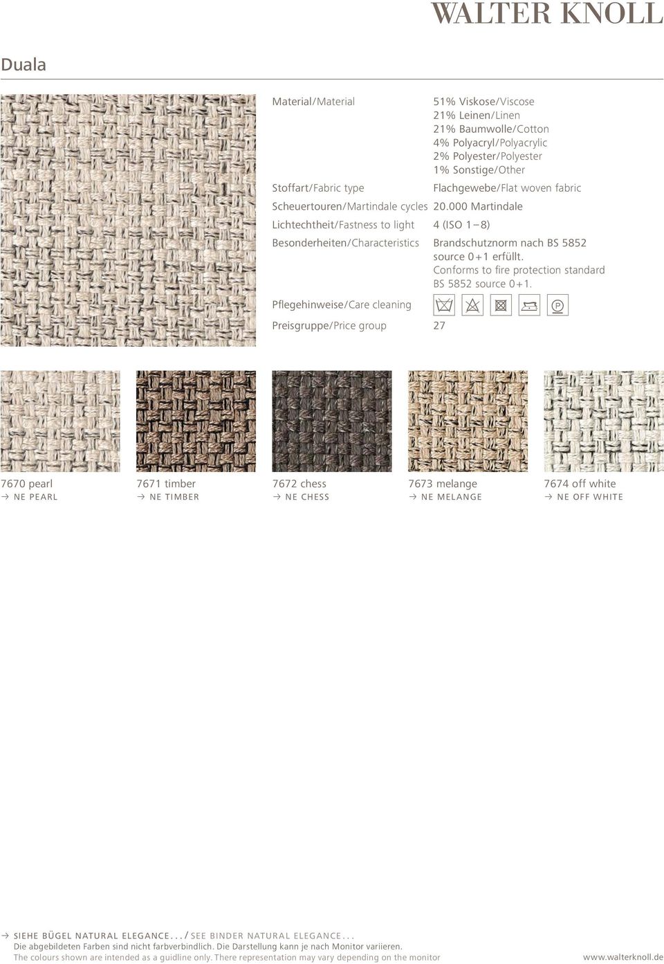 000 Martindale Lichtechtheit / Fastness to light 4 (ISO 1 8) Besonderheiten / Characteristics Brandschutznorm nach BS 5852 source 0