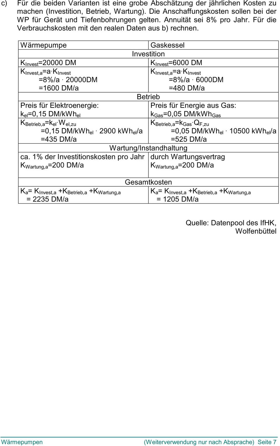 K Invest 20000 DM K Invest,a a K Invest 8%/a 20000DM 1600 DM/a Preis für Elektroenergie: k el 0,15 DM/kWh el K Betrieb,a k el W el,zu 0,15 DM/kWh el 2900 kwh el /a 435 DM/a ca.