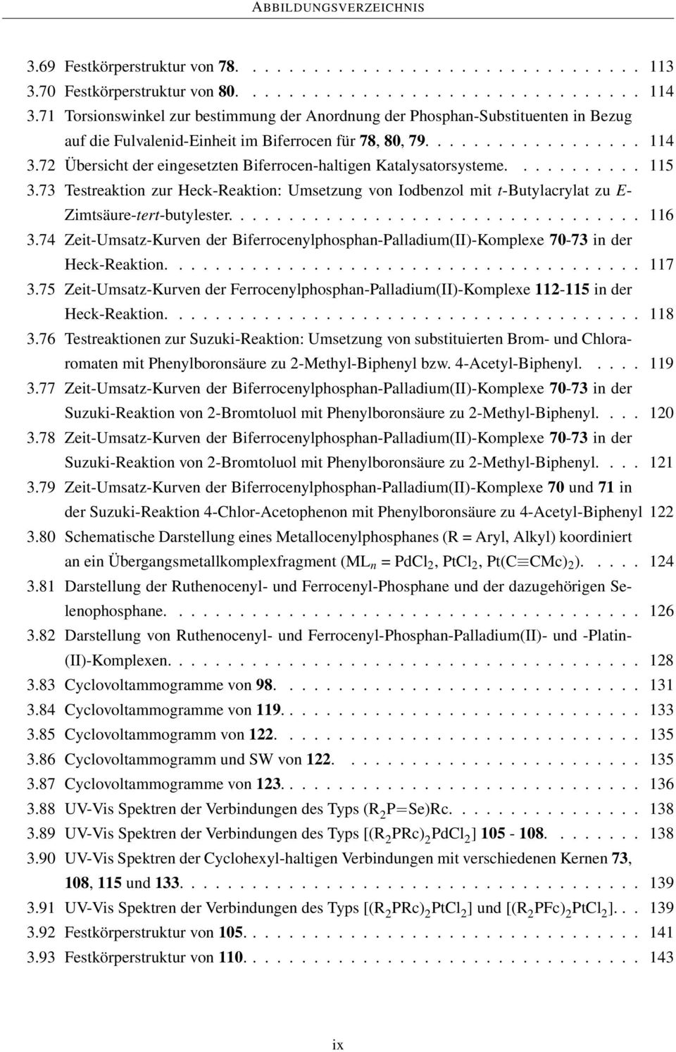 72 Übersicht der eingesetzten Biferrocen-haltigen Katalysatorsysteme........... 115 3.73 Testreaktion zur Heck-Reaktion: Umsetzung von Iodbenzol mit t-butylacrylat zu E- Zimtsäure-tert-butylester.