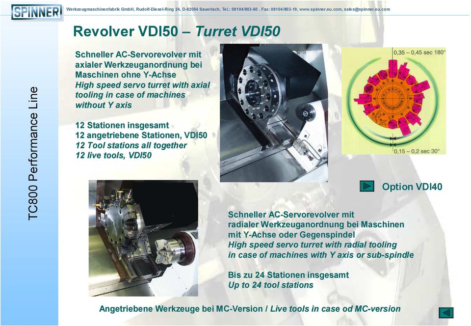 Schneller AC-Servorevolver mit radialer Werkzeuganordnung bei Maschinen mit Y-Achse Y oder Gegenspindel High speed servo turret with radial tooling in case of