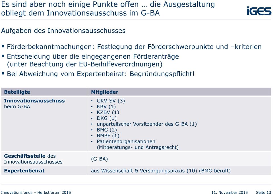 Beteiligte Innovationsausschuss beim G-BA Geschäftsstelle des Innovationsausschusses Expertenbeirat Mitglieder GKV-SV (3) KBV (1) KZBV (1) DKG (1) unparteiischer Vorsitzender des G-BA